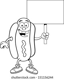 Black and white illustration of a hotdog holding a sign.