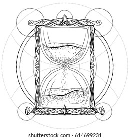 Black and white illustration of an hourglass with a doodle pattern. Vector element for printing on T-shirts, phone cases, postcards, sketch of tattoos and your design