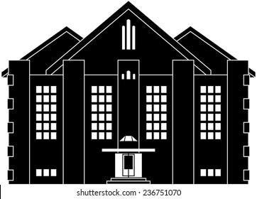 Black and white illustration of a house in classical style