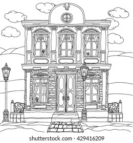 Black and white illustration of a house with details for adult coloring book or for zen art therapy anti stress drawing. Hand-drawn, vector,very detailed, for coloring book, poster design, uncolored
