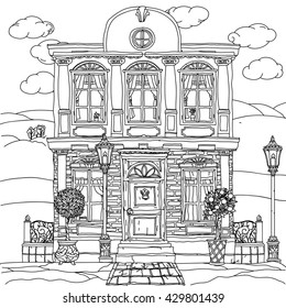 Black and white illustration of a house with details for adult coloring book or for zen art therapy anti stress drawing. Hand-drawn, vector,very detailed, for coloring book, poster design, uncolored