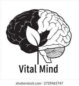 A black and white illustration of a human brain split down the middle, with one half filled with dark shading and the other half outlined, featuring a green sprout growing from the center. 
