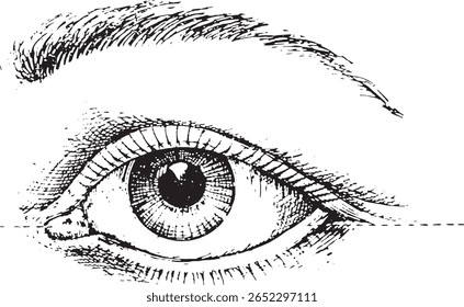 Uma ilustração em preto e branco de um olho e sobrancelha humanos. O olho é detalhado com uma pupila visível, íris e cílios. A textura da pele é retratada com eclosão e pontilhamento.