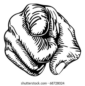 a black and white illustration of a human hand with the finger pointing or gesturing towards you.