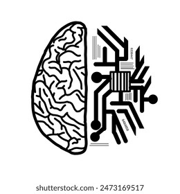 black and white illustration of human and robot brains, illustration of human and robot competition