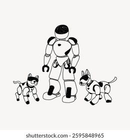 Black and white illustration of a humanoid robot with two robotic dogs. The robot and dogs have a simple, cartoonish design, emphasizing robotics and technology. Doodle illustration vector.