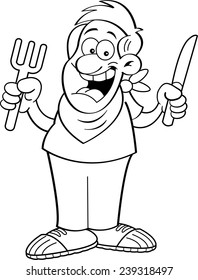 Black and white illustration of a hungry man holding a knife and fork.