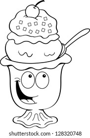 Black and white illustration of an ice cream sundae.