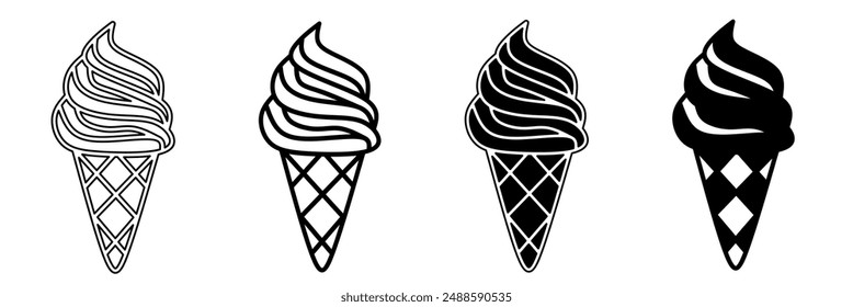 Black and white illustration of a ice cream. Ice cream icon collection with line. Stock vector illustration.