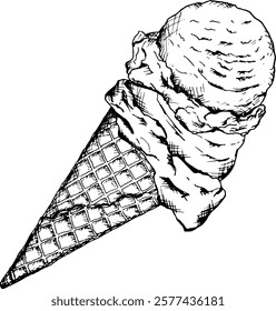 Black and white illustration of an ice cream scoop in a waffle cone, created in a detailed ink sketch style. Perfect for summer dessert menus, bakery branding, cookbooks or confectionery packaging