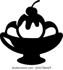 A black and white illustration of ice cream sundae in bowl with cherry on top
"Illustration sketched in Photoshop, manually vectorized in Illustrator. Not AI-generated. No auto-tracing."