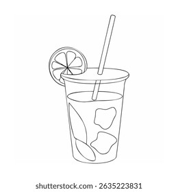 Black and white illustration of iced lemonade drink with ice cubes and straw