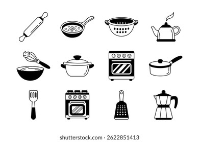 ícone de ilustração preto e branco coleção de utensílios de cozinha 