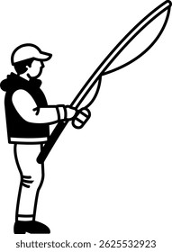 ícone de ilustração preto e branco de um homem pescando 