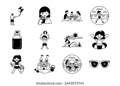 black and white illustration icons of beach life activity and summer holidays