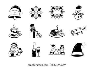 black and white illustration icons of christmas set