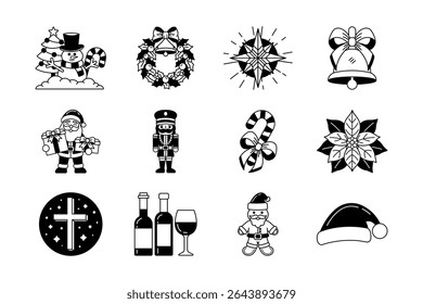 black and white illustration icons of christmas collection
