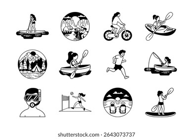 black and white illustration icons of outdoor activity and sports