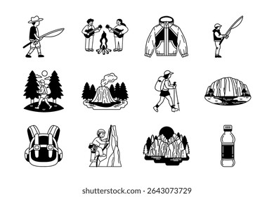 black and white illustration icons of recreation and outdoor activity