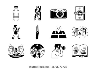 black and white illustration icons of recreation adventure and travel