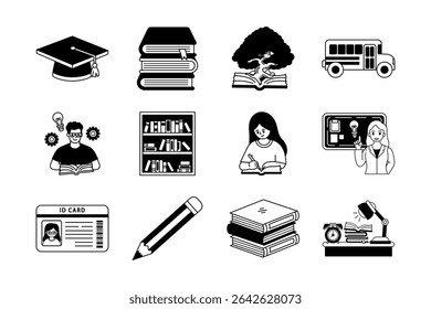 black and white illustration icons of school collection