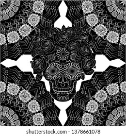 black and white illustration with the image of an elegant skull, a symbol of the traditional Mexican holiday Day of the dead and the Day of angels