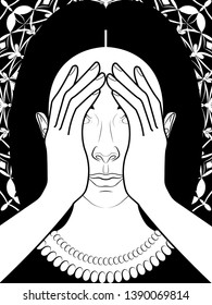 black and white illustration with the image of a girl on the background of openwork ornament, covering her eyes with her hands