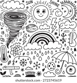 La ilustración en blanco y negro incluye garabatos con temas de Clima como tornados, arco iris, sol y luna rodeados de lluvia, nubes y paraguas que crean una encantadora representación visual de varias condiciones de Clima.