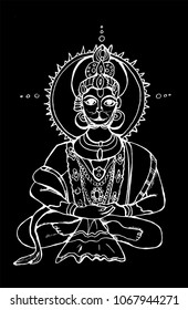 Black and white illustration of the Indian Hanuman deity. Chalk on a blackboard. Chalk on a blackboard