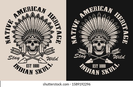 Black and white illustration with a Indian skull in feather headdress. Perfect for shirt prints, logos and many other.