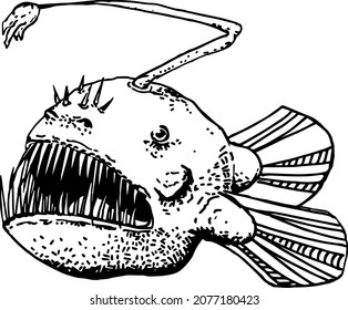 black and white illustration, ink, deep sea fish