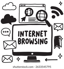 Ilustração em preto e branco do conceito de navegação na internet com ícones como tela de computador, lupa, globo, e-mail, nuvem e símbolo Wi-Fi.