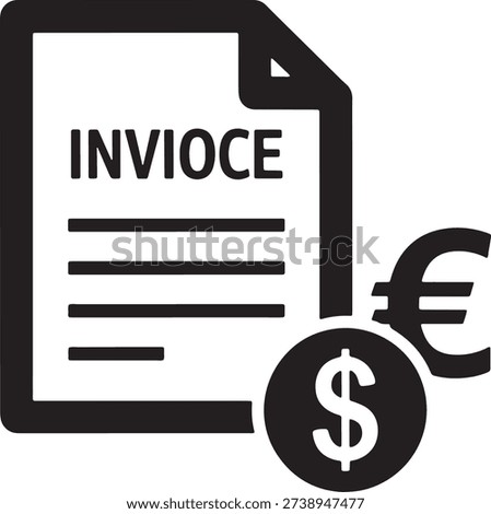 Black and white illustration of invoice document with dollar and euro currency symbols
