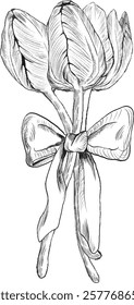 black and white illustration isolated on a white background. tulips vector illustration. Bouquet of spring flowers with bow isolated on white background.