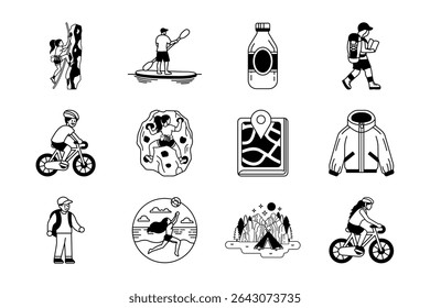 black and white illustration items of recreation adventure and travel