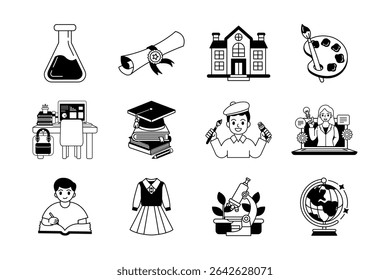 black and white illustration items of school collection