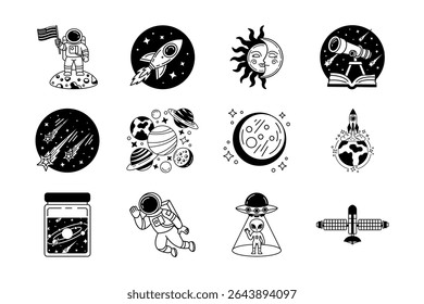 black and white illustration items of spaceship alien in the galaxy collection