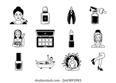 black and white illustration items of woman activity wellness beauty and health