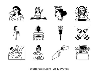 black and white illustration items of woman lifestyle wellness beauty and health