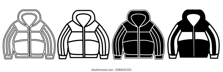 Black and white illustration of a jacket. Jacket icon collection with line. Stock vector illustration.