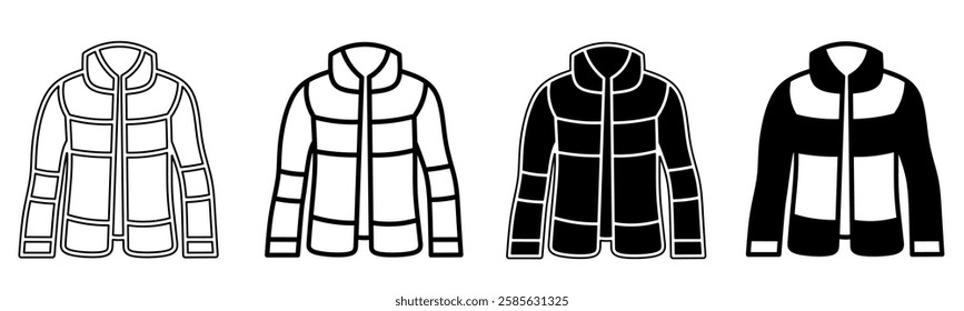 Black and white illustration of a jacket. Jacket icon collection with line. Stock vector illustration.
