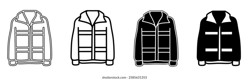 Black and white illustration of a jacket. Jacket icon collection with line. Stock vector illustration.