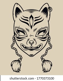 Black and white illustration of a Japanese fox mask on a white background. Kitsune mask.