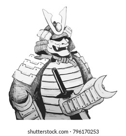Black and white illustration of a Japanese samurai warrior wearing armour and a death mask.