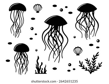Black and white illustration of jellyfish shells algae and bubbles underneath the sea