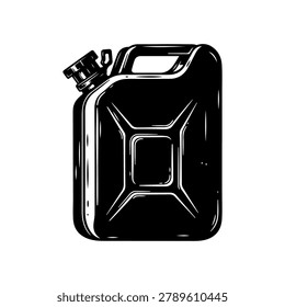 A black and white illustration of a jerrycan, a portable fuel container, isolated on a white background.