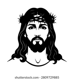 Black and white illustration of Jesus Christ wearing a crown of thorns, symbolizing sacrifice and faith in Christianity.