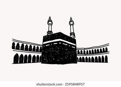 Black and white illustration of the Kaaba in Mecca, featuring minarets and arches. The Kaaba is central to Islamic worship and pilgrimage in Mecca. Doodle illustration vector.