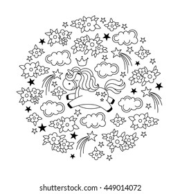Black and white illustration for kids coloring book. Concept in circle with cute magic kawaii unicorn, crown, clouds, flowers and stars. Vector illustration.