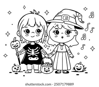 Black and white illustration of the kids in halloween costumes. Funny and cute carnival kids coloring page. Vector illustration.